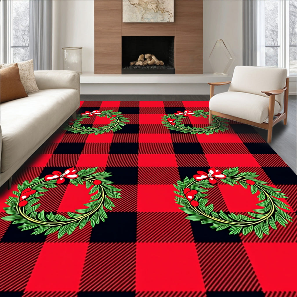 Red Green Festive Buffalo Check Wreath Rug