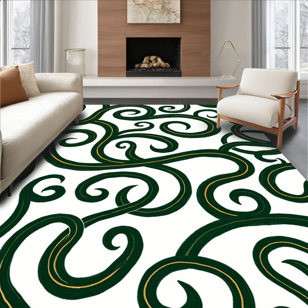 Elegant Scrollwork Green Gold Design Rug