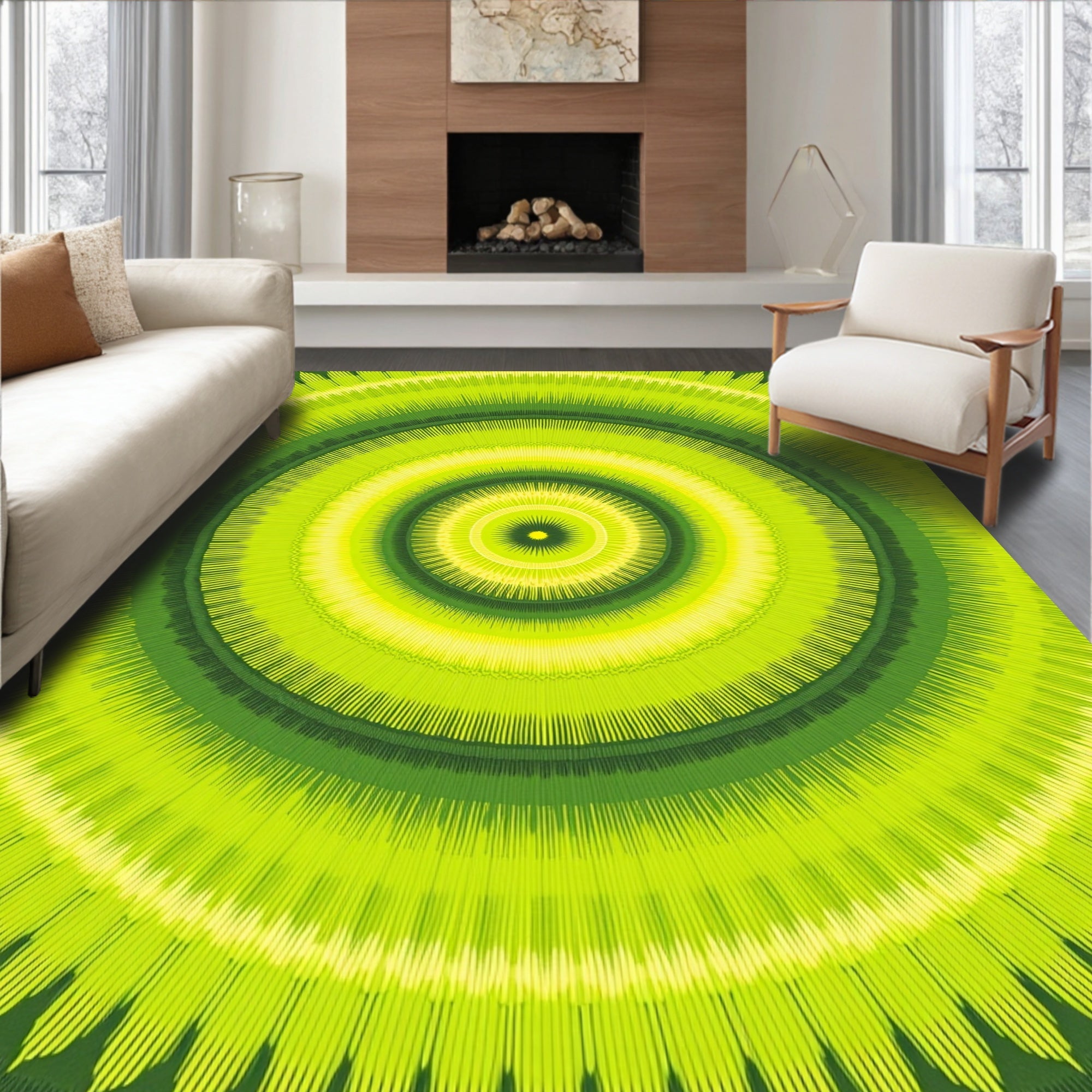 Lime Green Radial Sunburst Pattern Rug