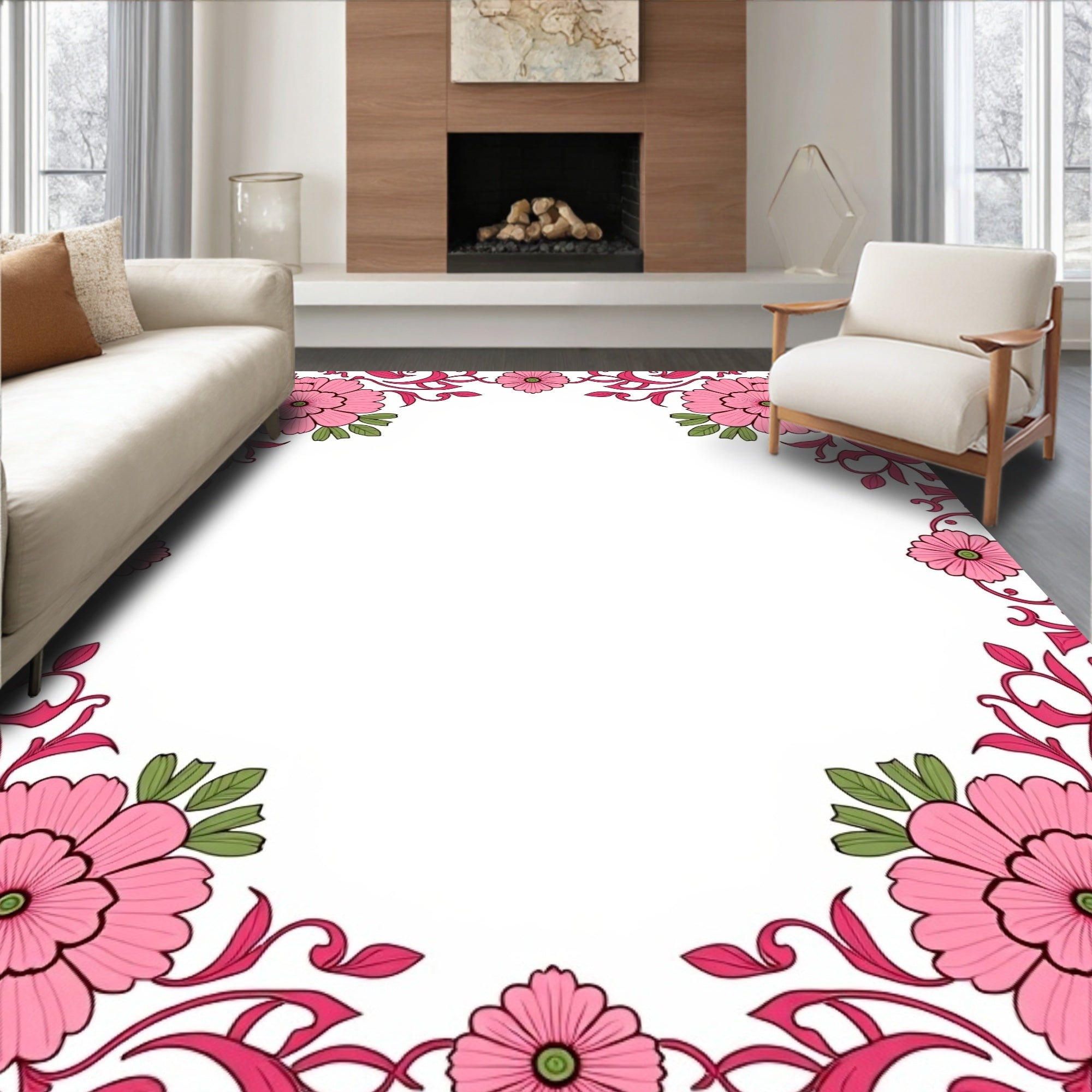 Pink Floral Vine Border Design Rug