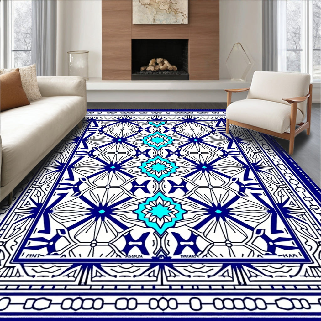 Intricate Blue Cyan Geometric Medallion Rug