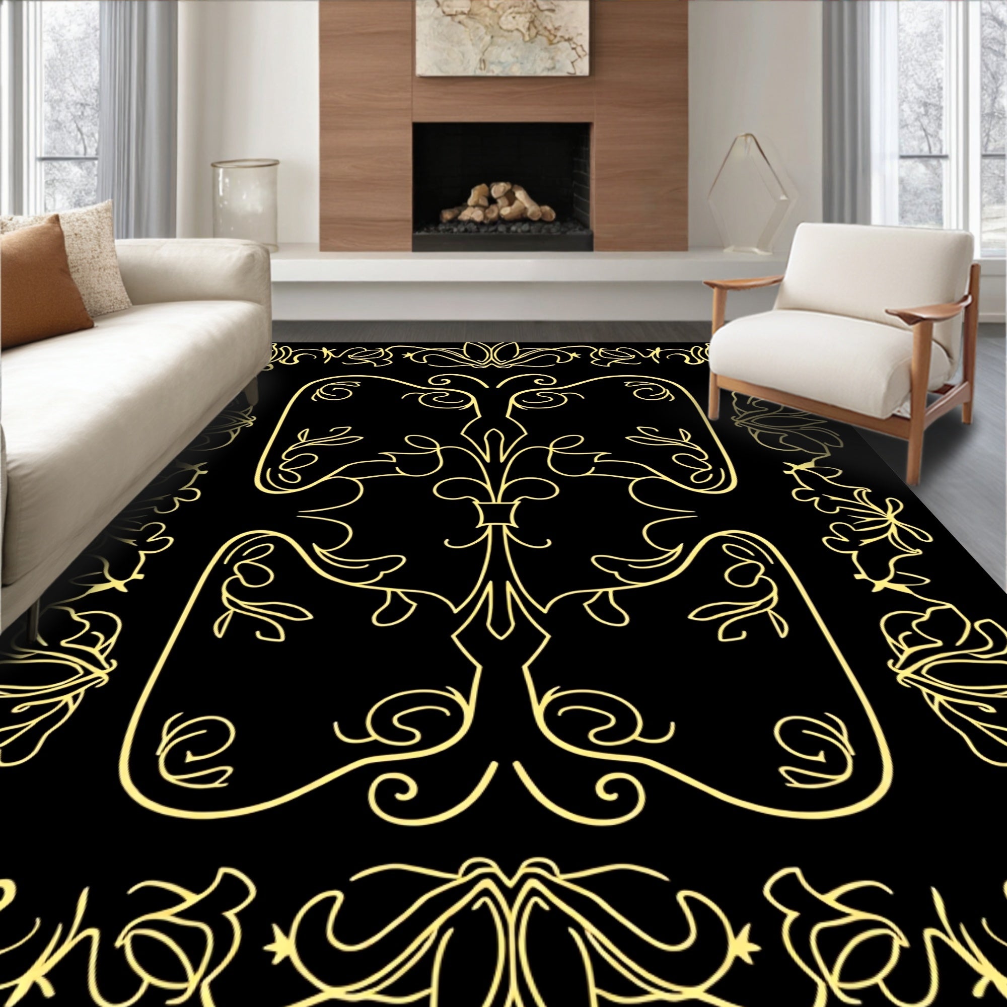 Elegant Golden Floral Scrollwork Design Rug