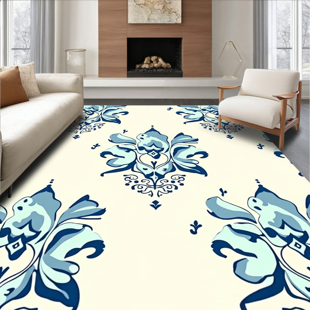 Classic Blue Floral Damask Pattern Rug
