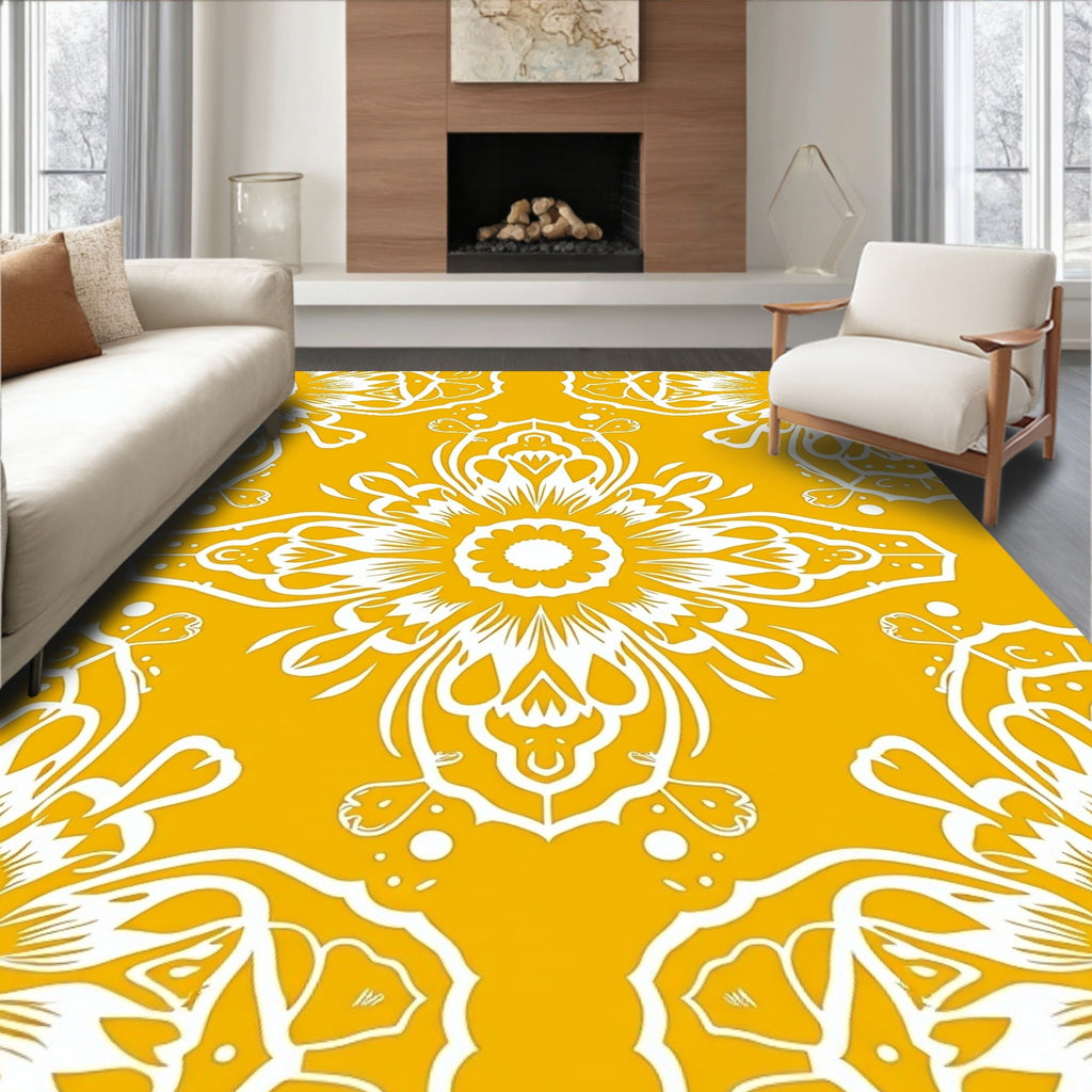 Gold White Floral Mandala Patterned Rug