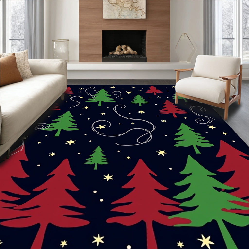 Red Green Forest Night Stars Rug