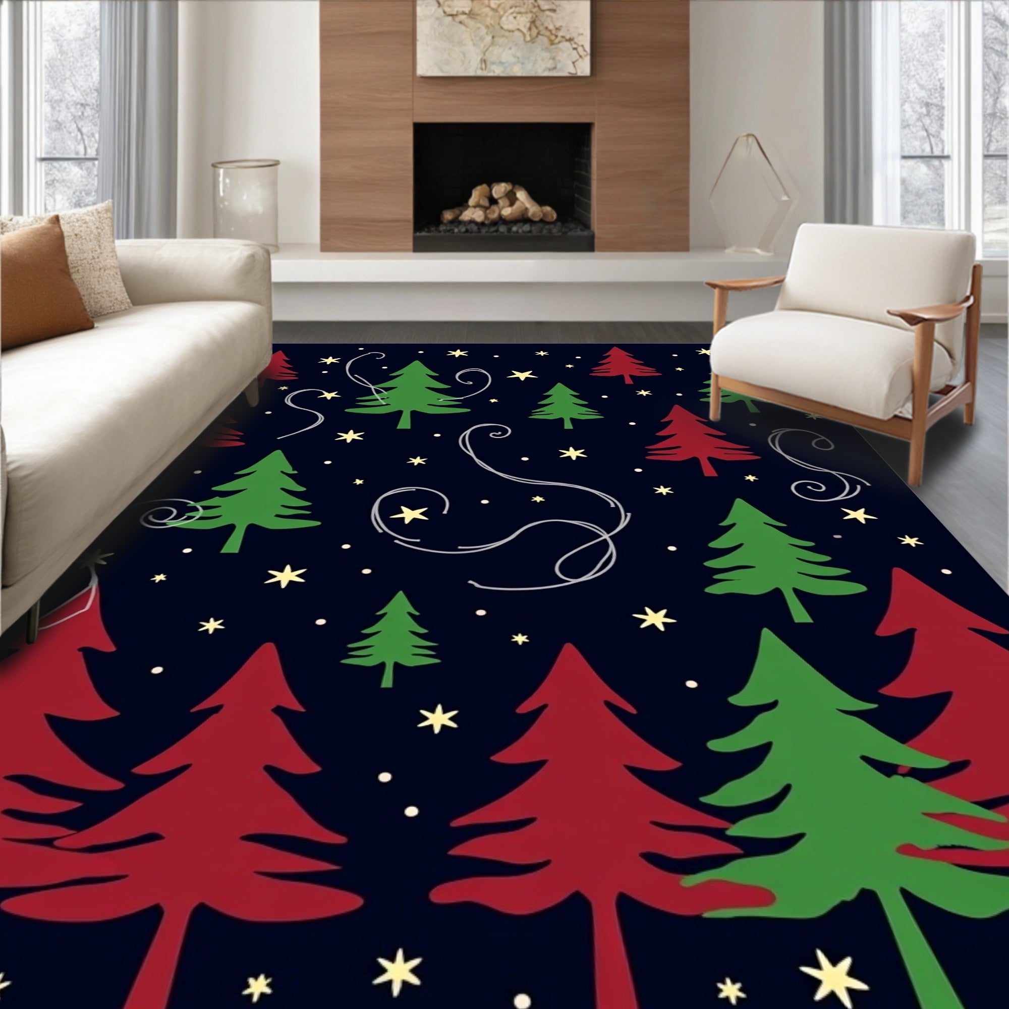 Red Green Forest Night Stars Rug