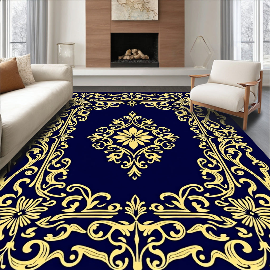Ornate Yellow Floral Scrollwork Design Rug