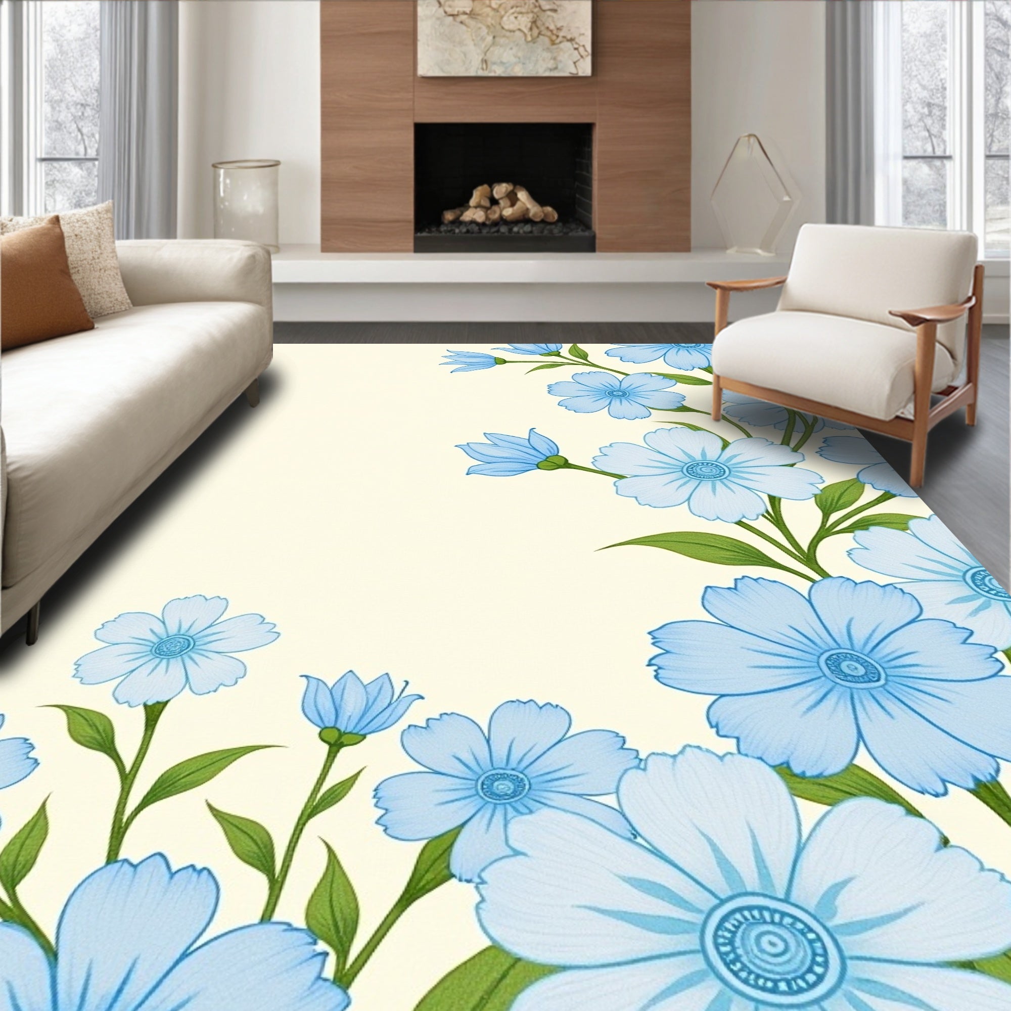 Light Blue Floral Vine Pattern Rug