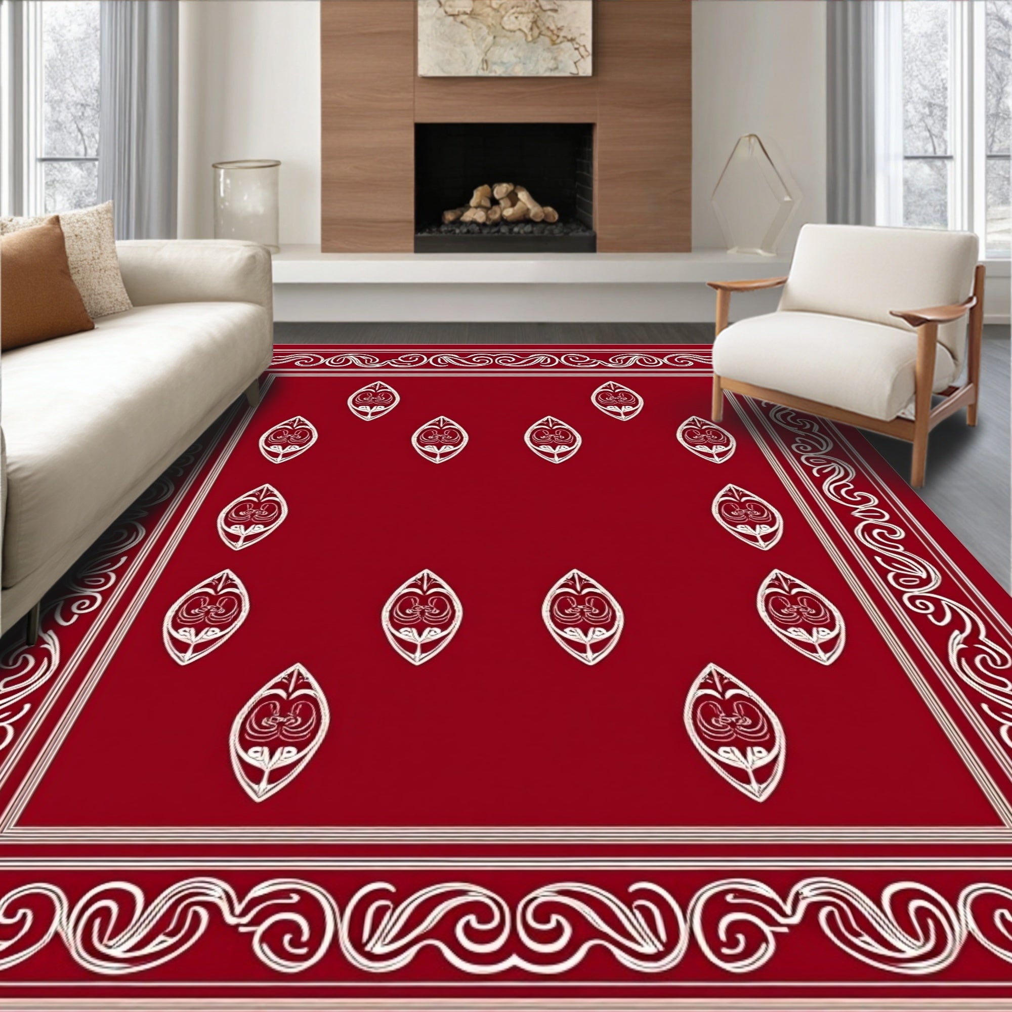 Crimson Oval Motif With Border Design Rug