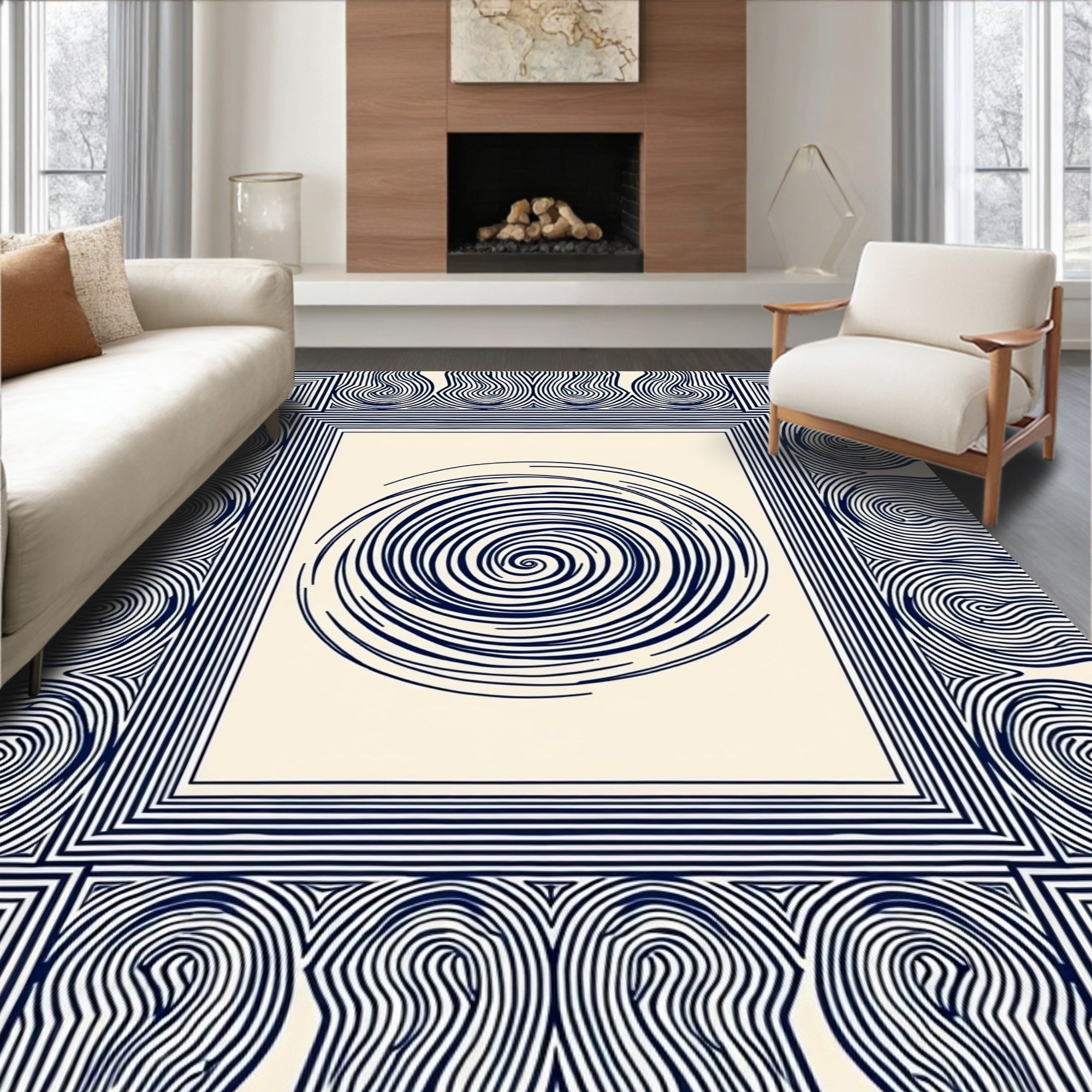 Abstract Swirl Geometric Border Design Rug