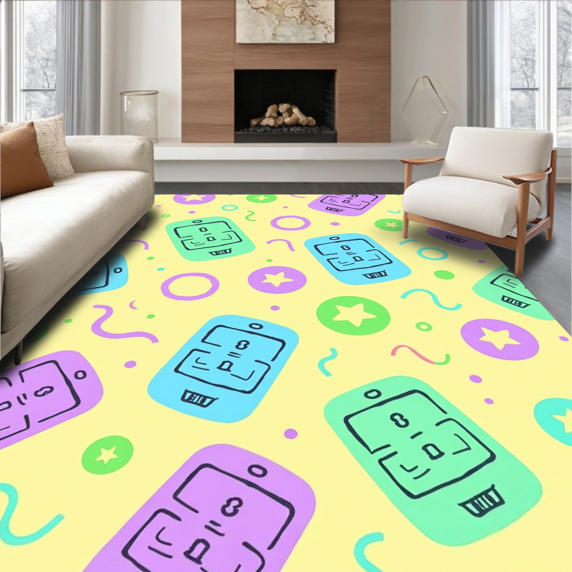 Playful Phone And Star Pattern Rug