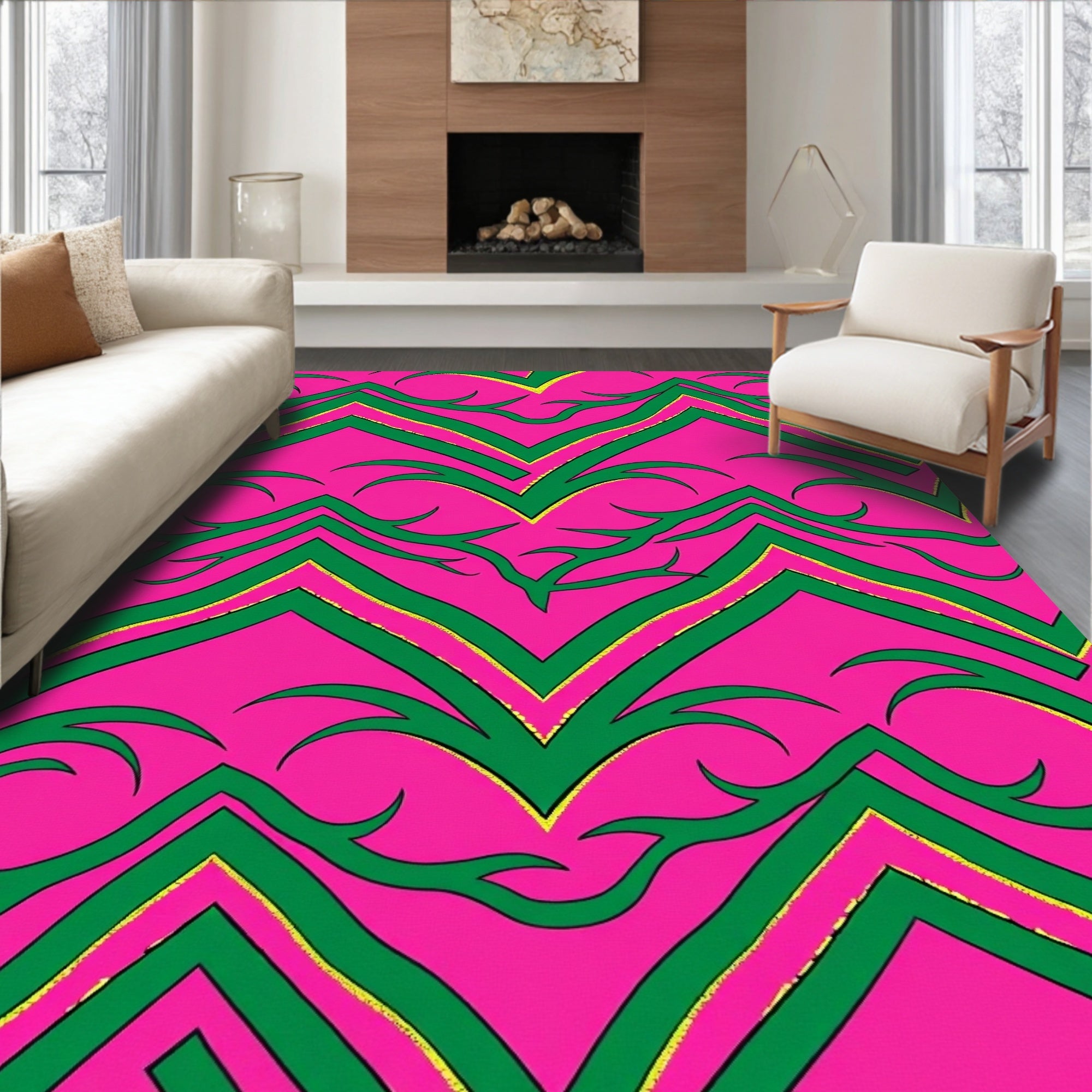 Pink Green Jagged Vine Abstract Rug