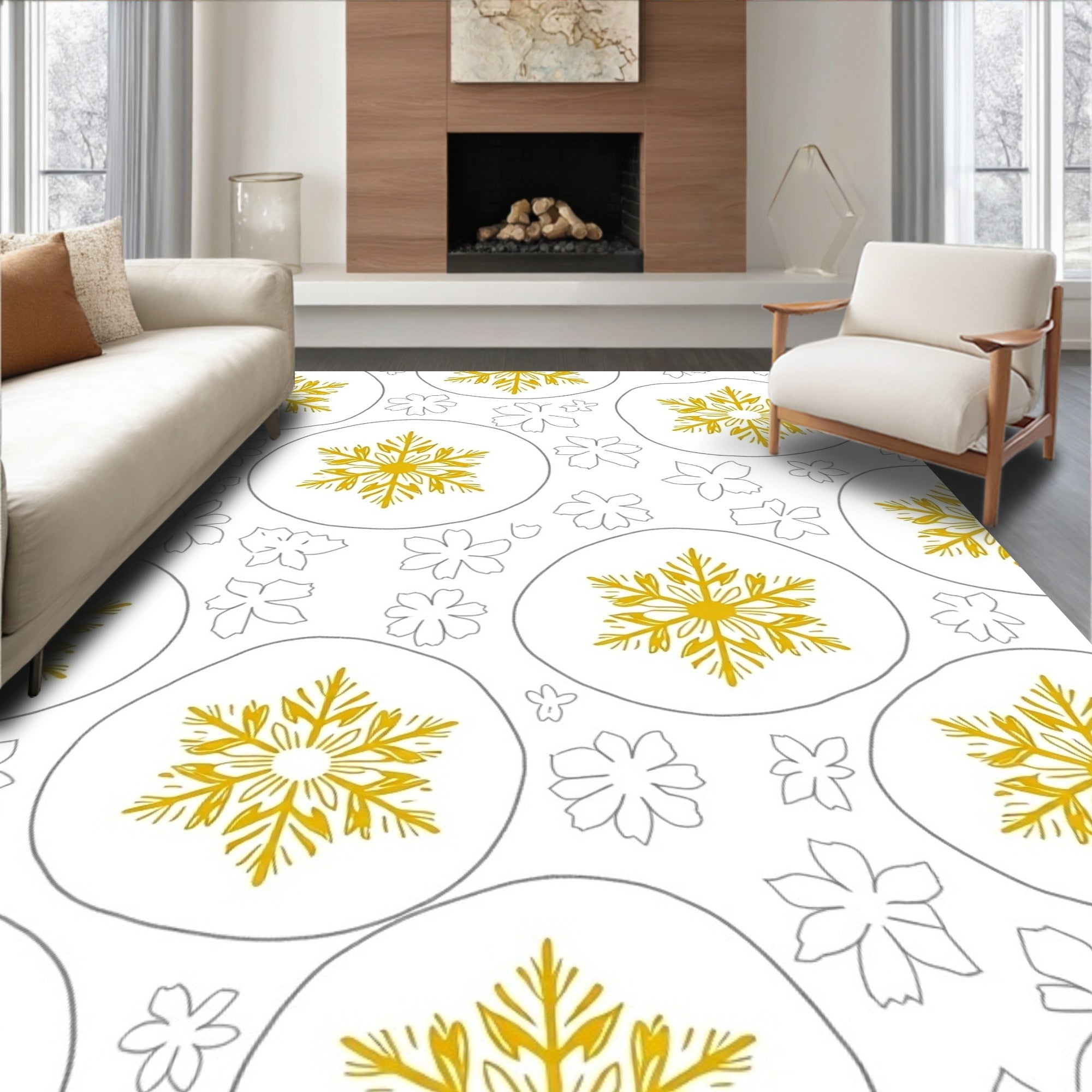 Gold Snowflake Graphic And Flower Outline Rug