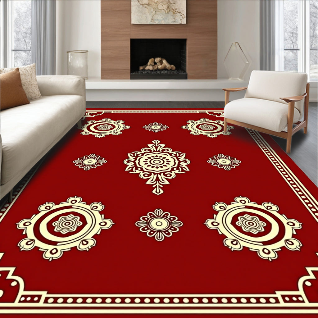 Maroon Floral Medallion Traditional Rug Design Rug