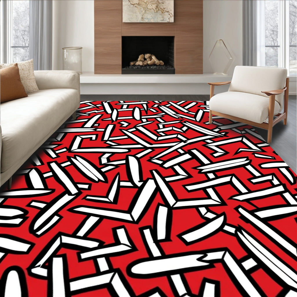 Bold Red White Abstract Jagged Pattern Rug