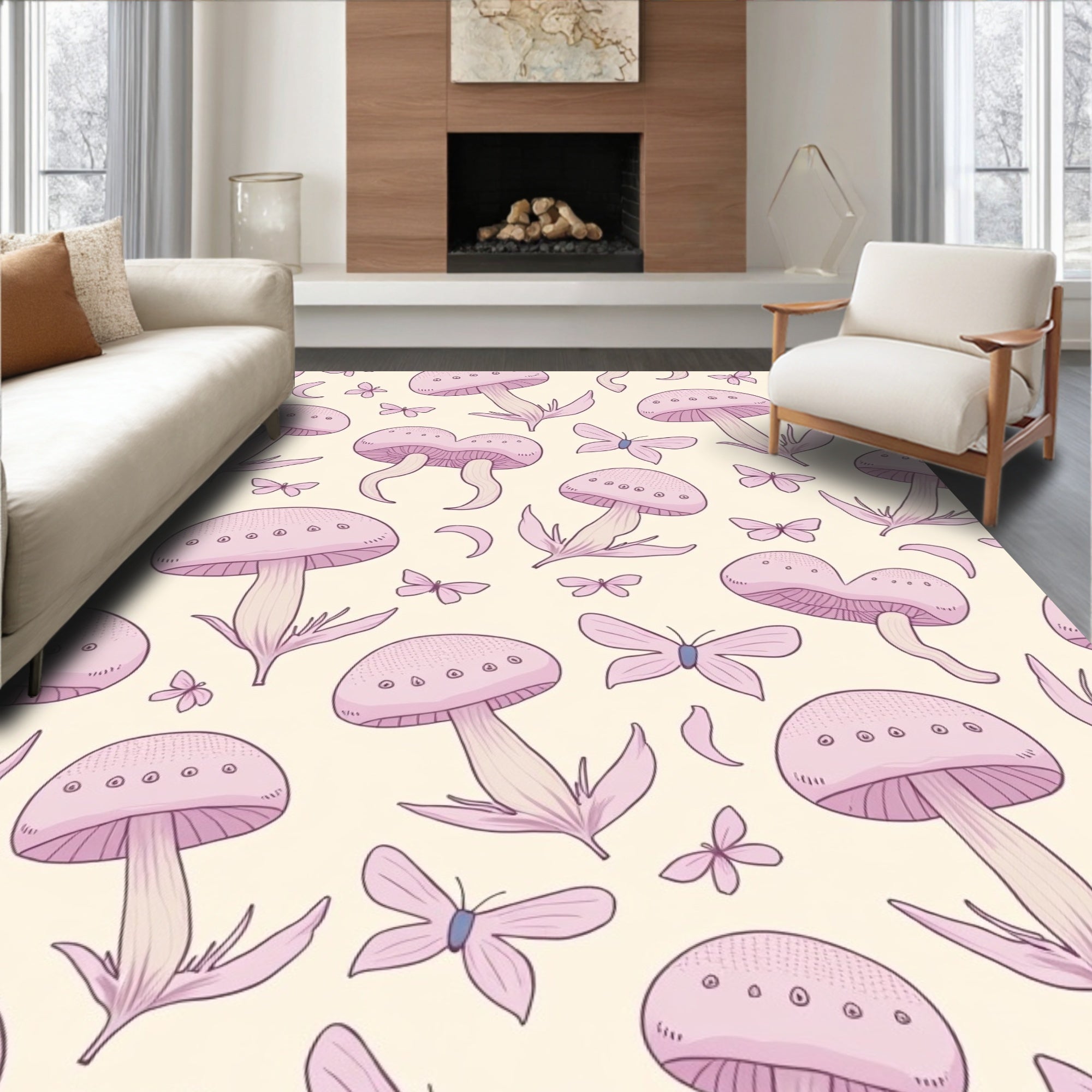 Whimsical Pink Mushroom And Butterfly Pattern Rug