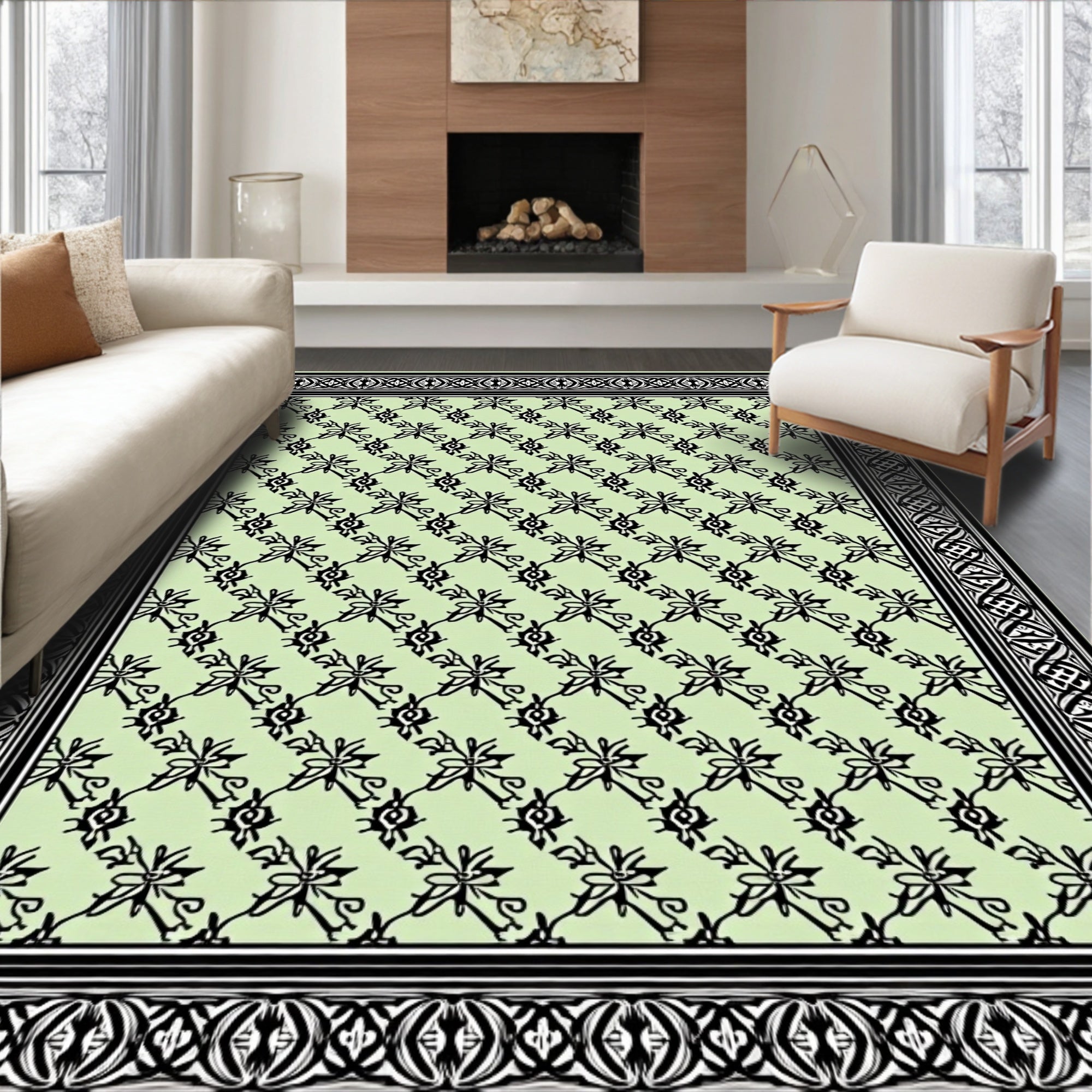 Light Green Floral Bordered Medallion Rug