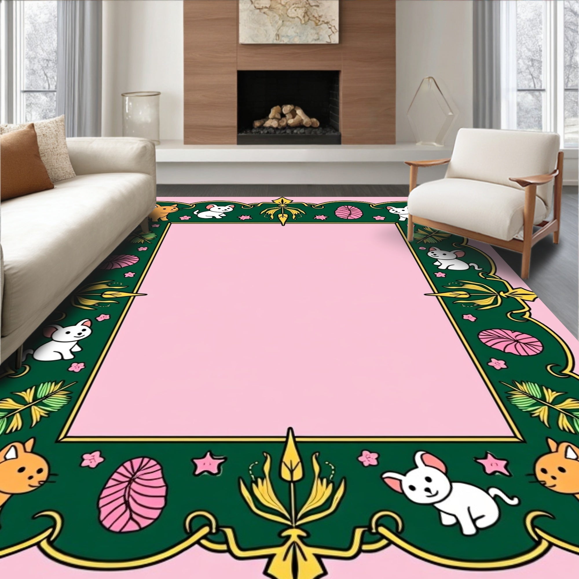Playful Puppies Green Geometric Frame Rug