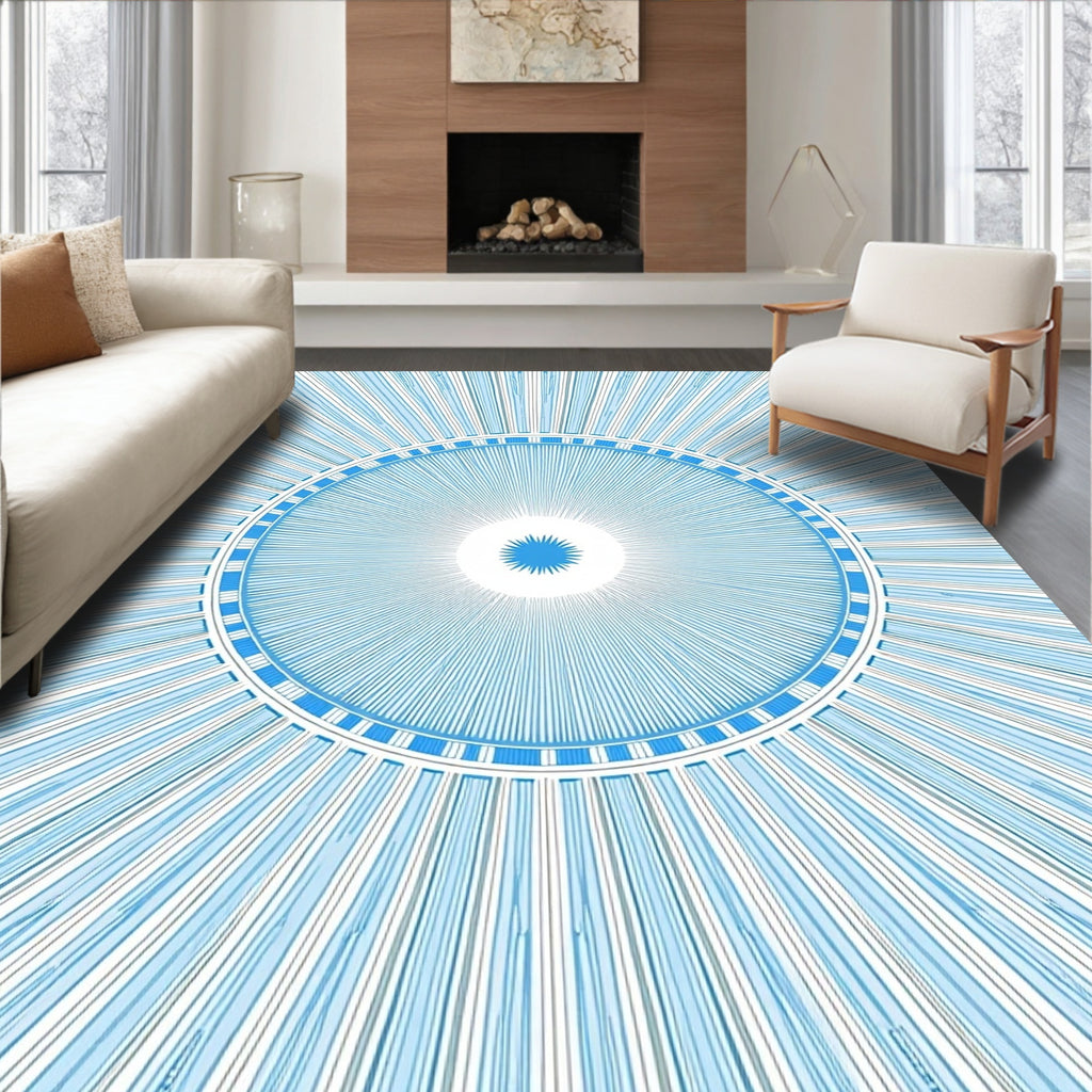 Radiating Blue Geometric Sunburst Pattern Rug