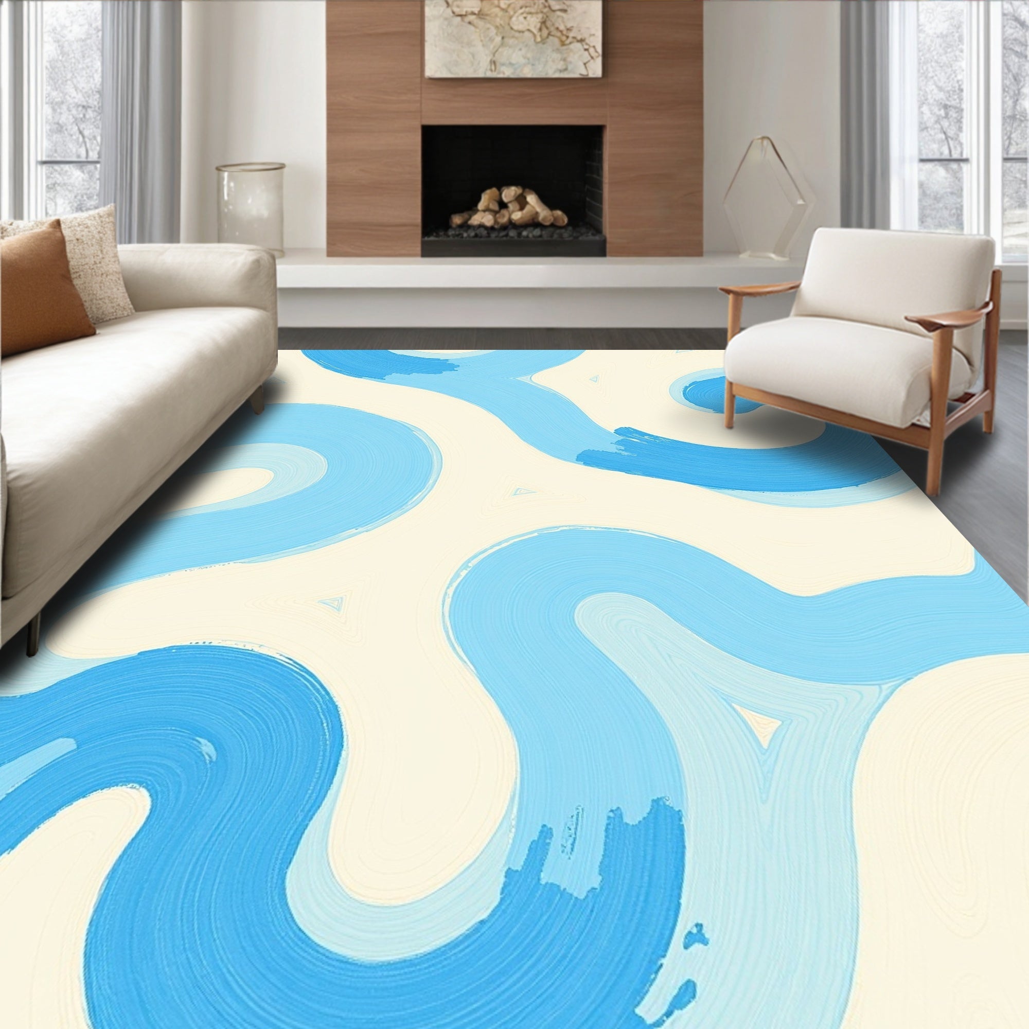 Flowing Blue Brushstroke Pattern Rug