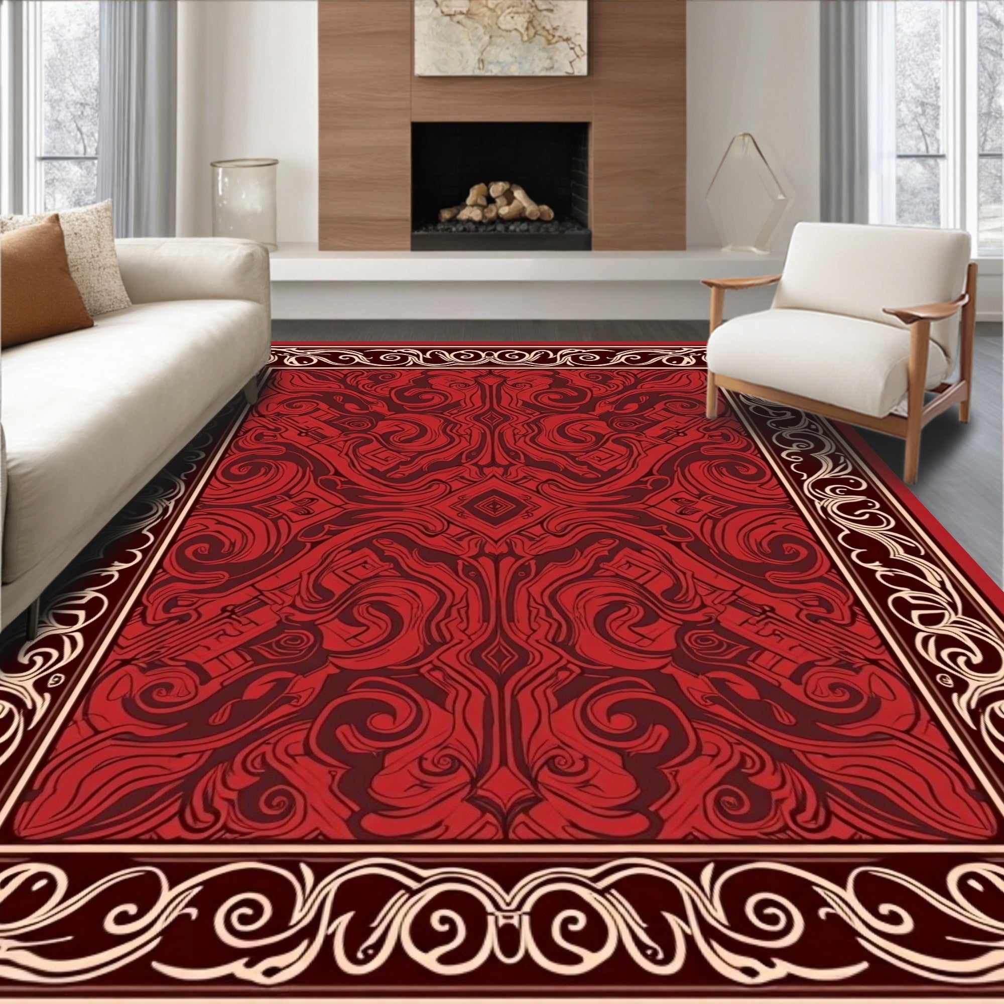 Crimson Swirls Vines Textile Design Rug