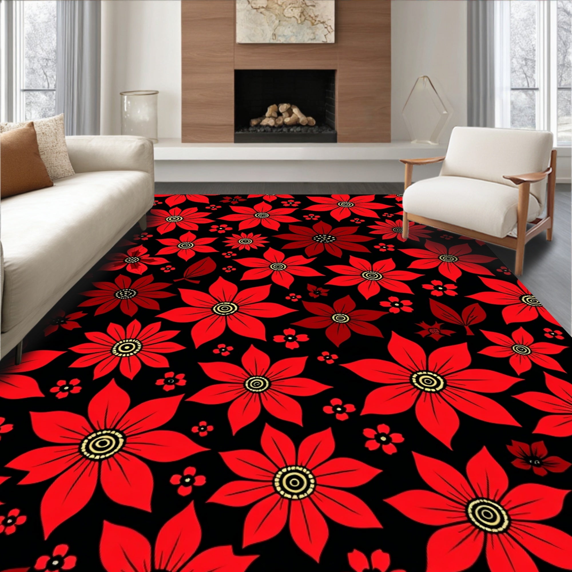Bold Red Floral Pattern Design Rug