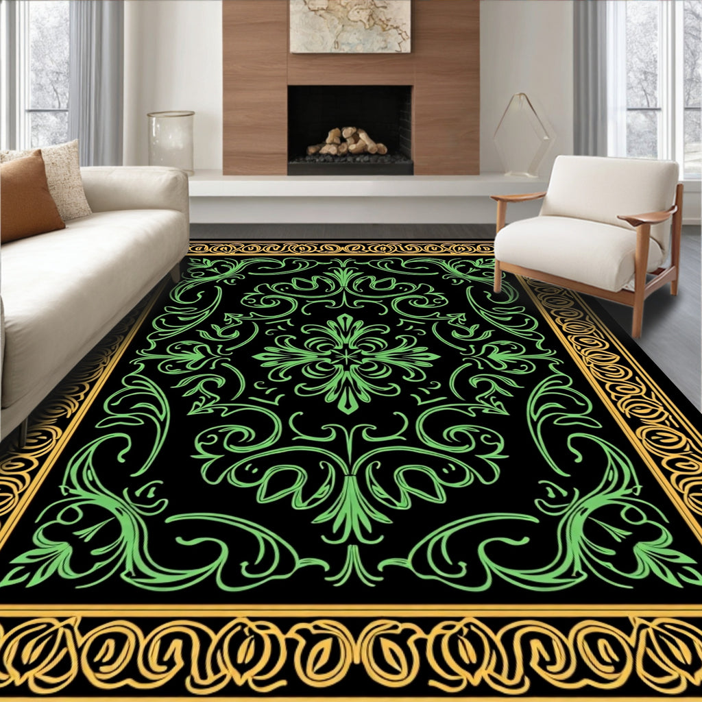 Elegant Green Floral Bordered Rug