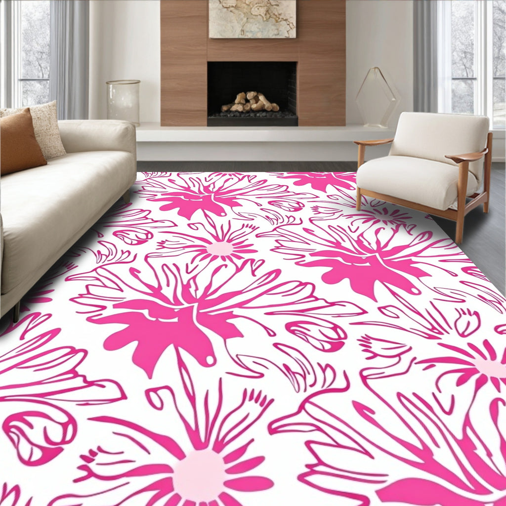 Pink Floral Outline Pattern Rug