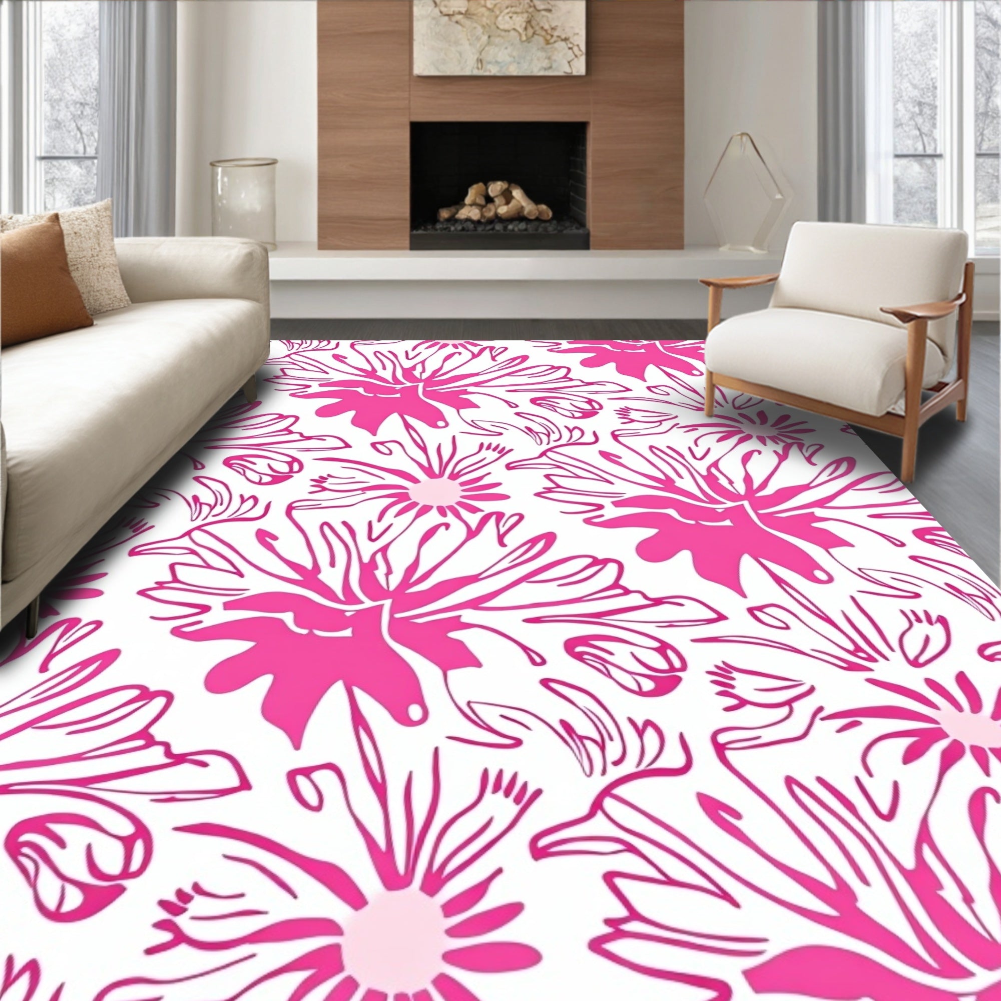Pink Floral Outline Pattern Rug