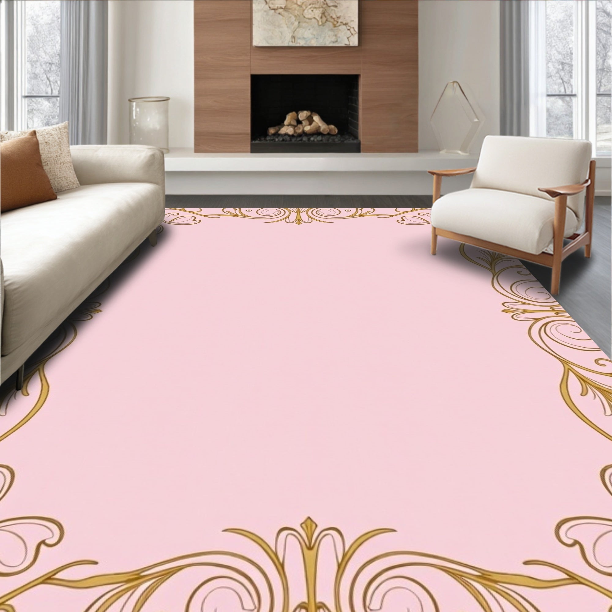 Ornate Gold Flourish Pink Background Rug