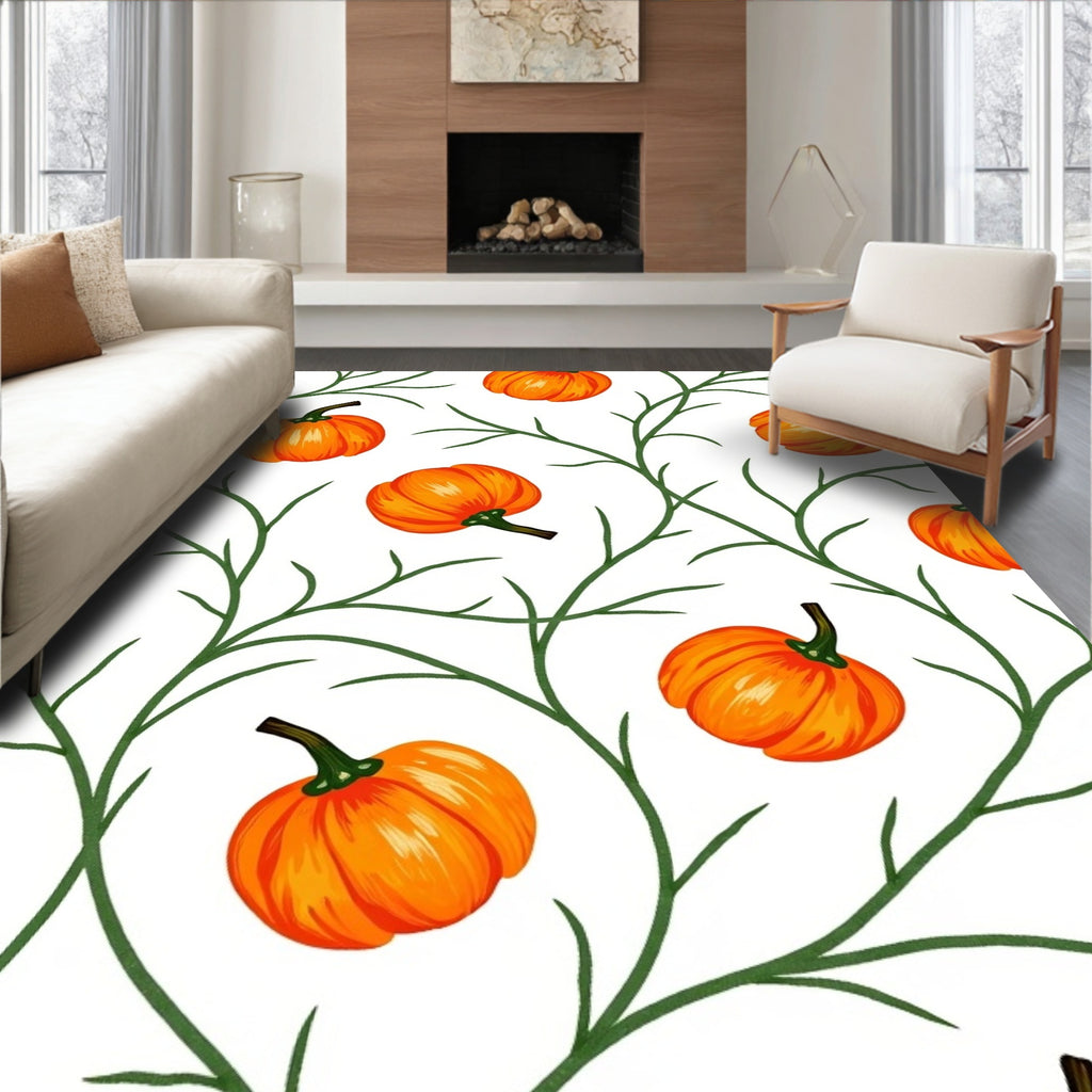 Whimsical Orange Pumpkin Vine Pattern Rug