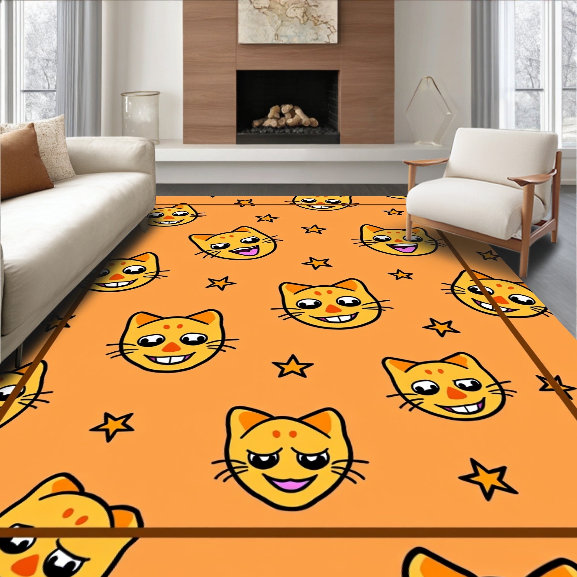 Happy Cat Face Star Pattern Rug