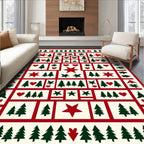 Festive Red Green Trees Stars Hearts Pattern Rug