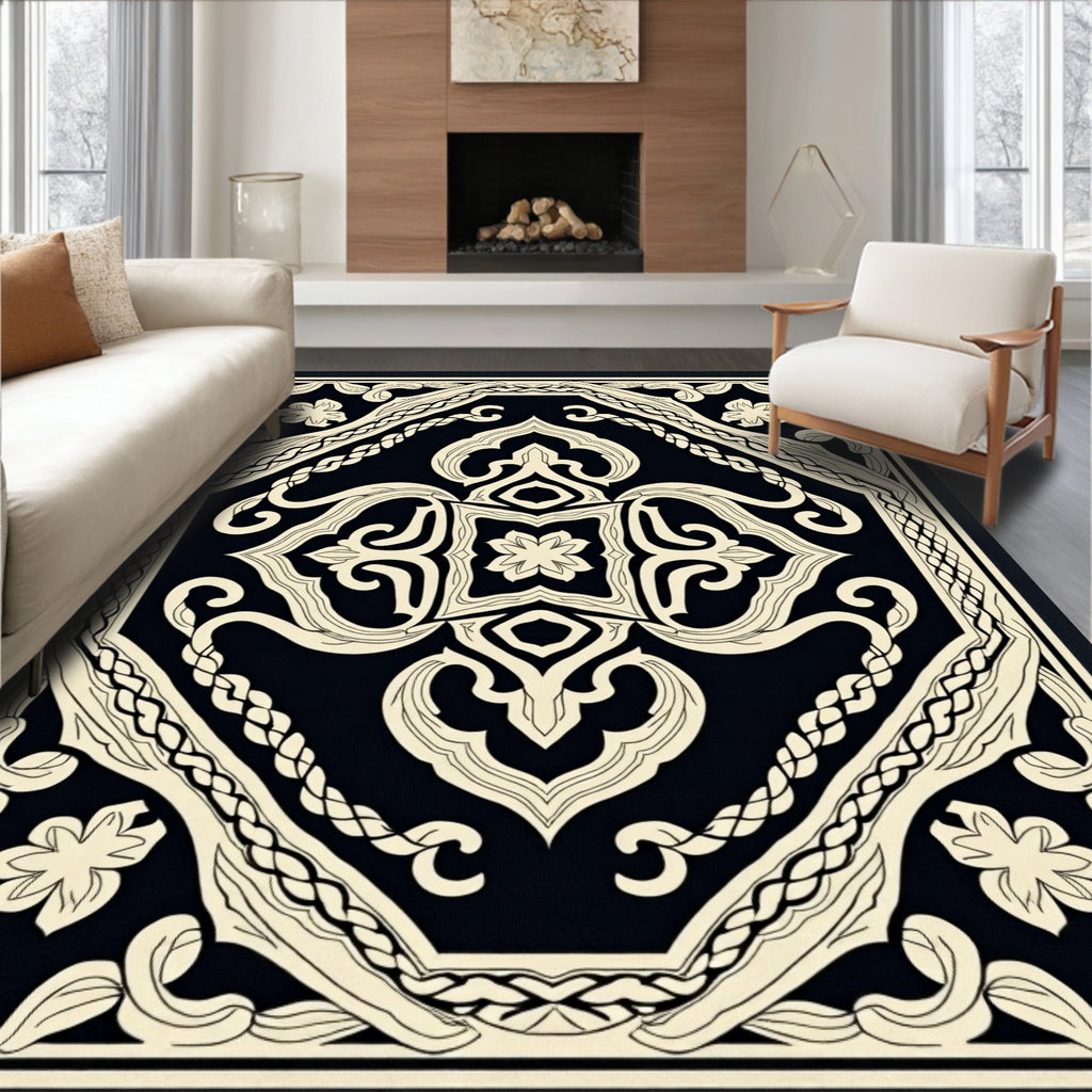Ornate Black Cream Floral Medallion Rug