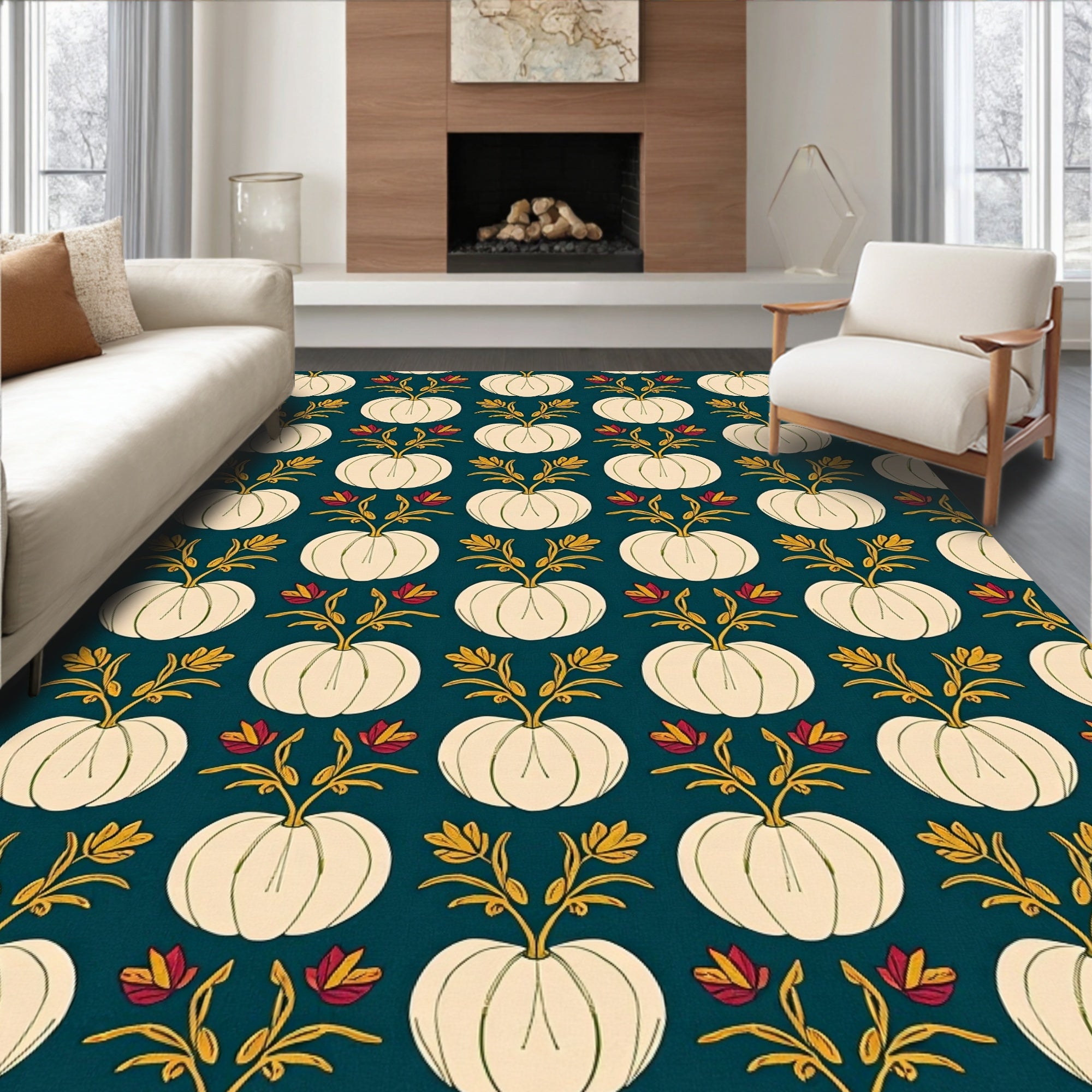 Cream Pumpkin Floral Teal Pattern Rug