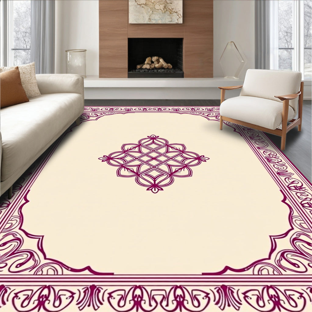 Ornate Burgundy Geometric Border Detail Rug