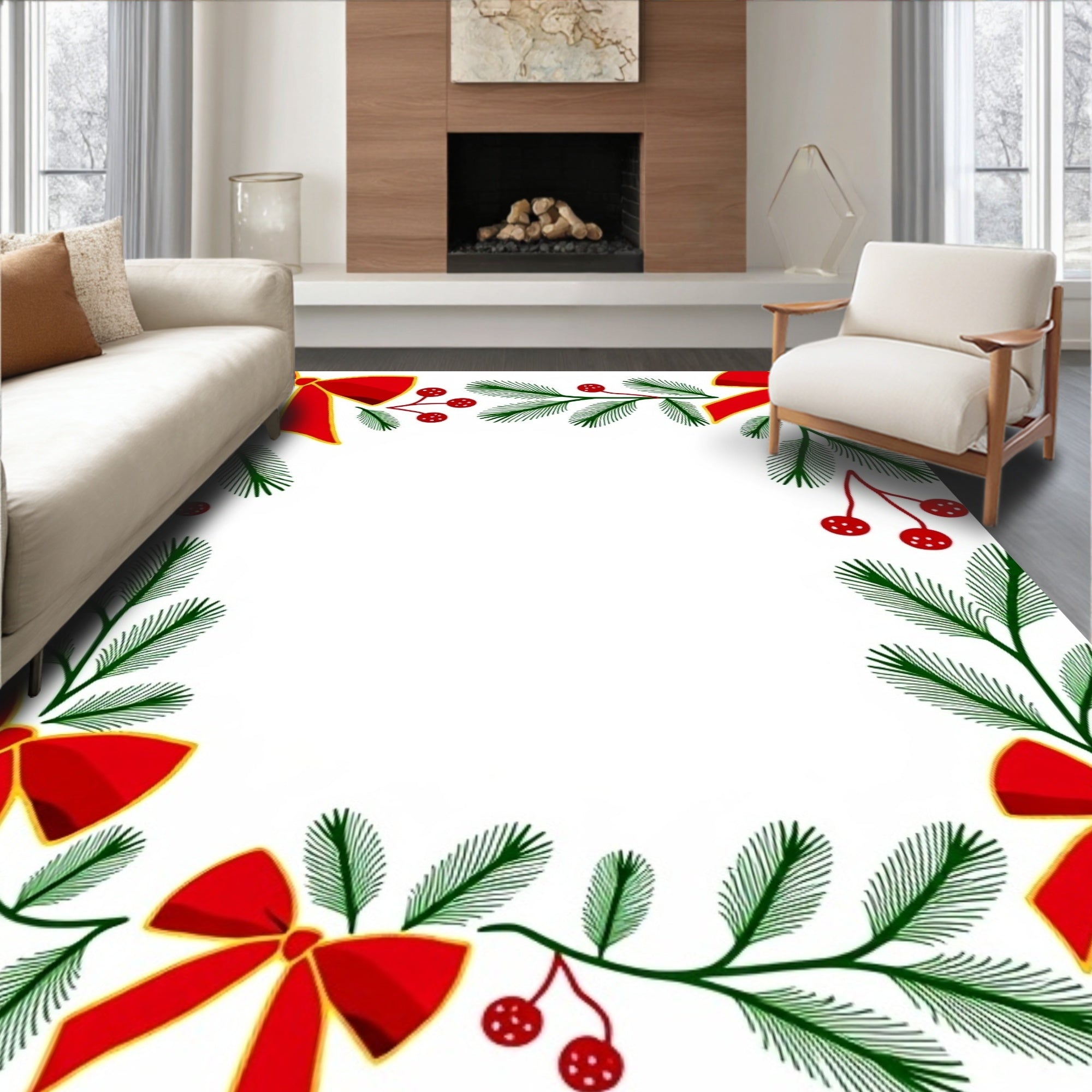 Red Bow Pine Berry Border Rug