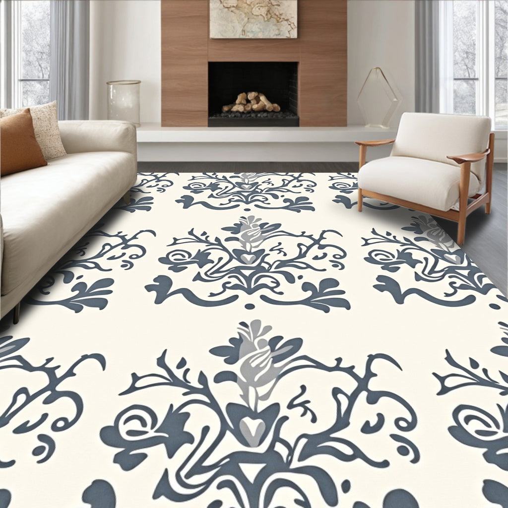 Elegant Blue White Floral Damask Rug