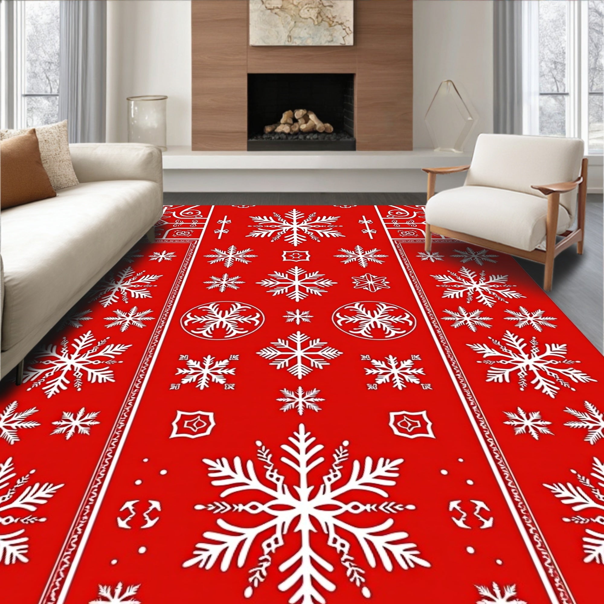 Red White Snowflake Pattern Rug