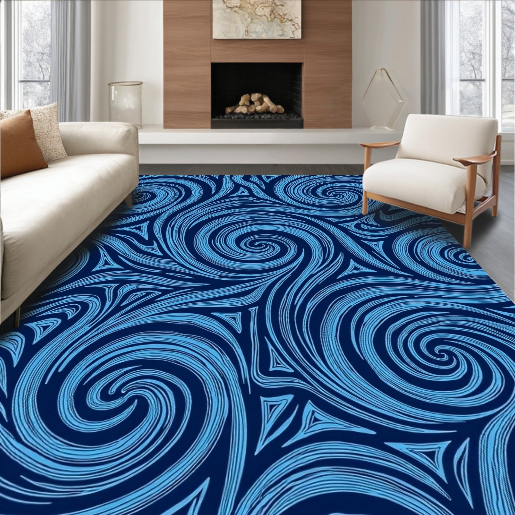Abstract Swirly Blue Line Art Rug