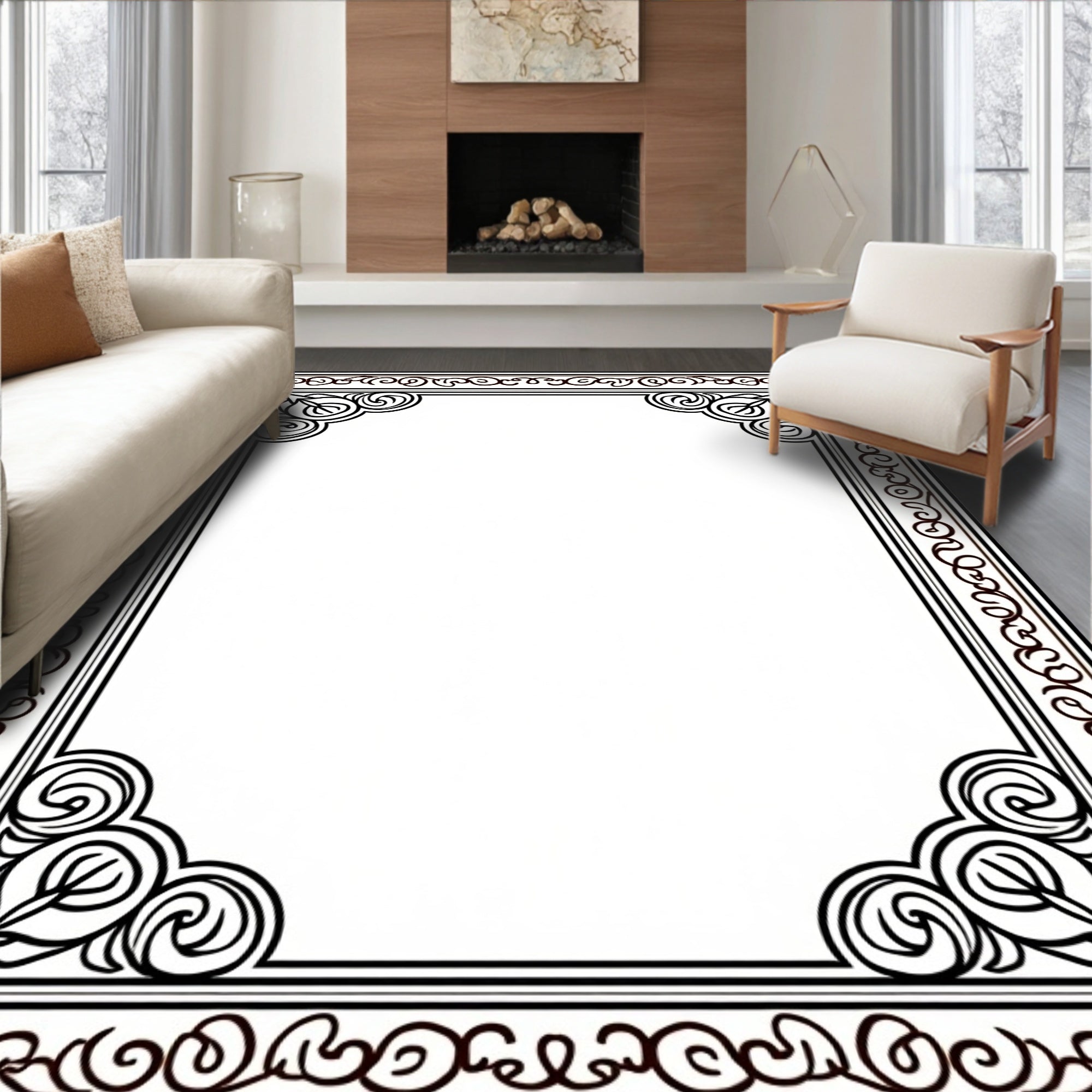Ornate Swirl Border and Corner Design Rug