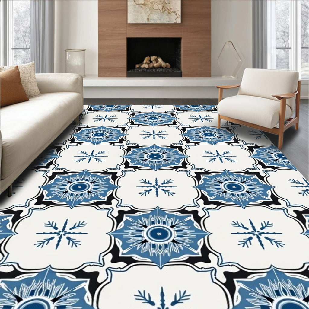 Blue Floral Medallion Tile Pattern Rug