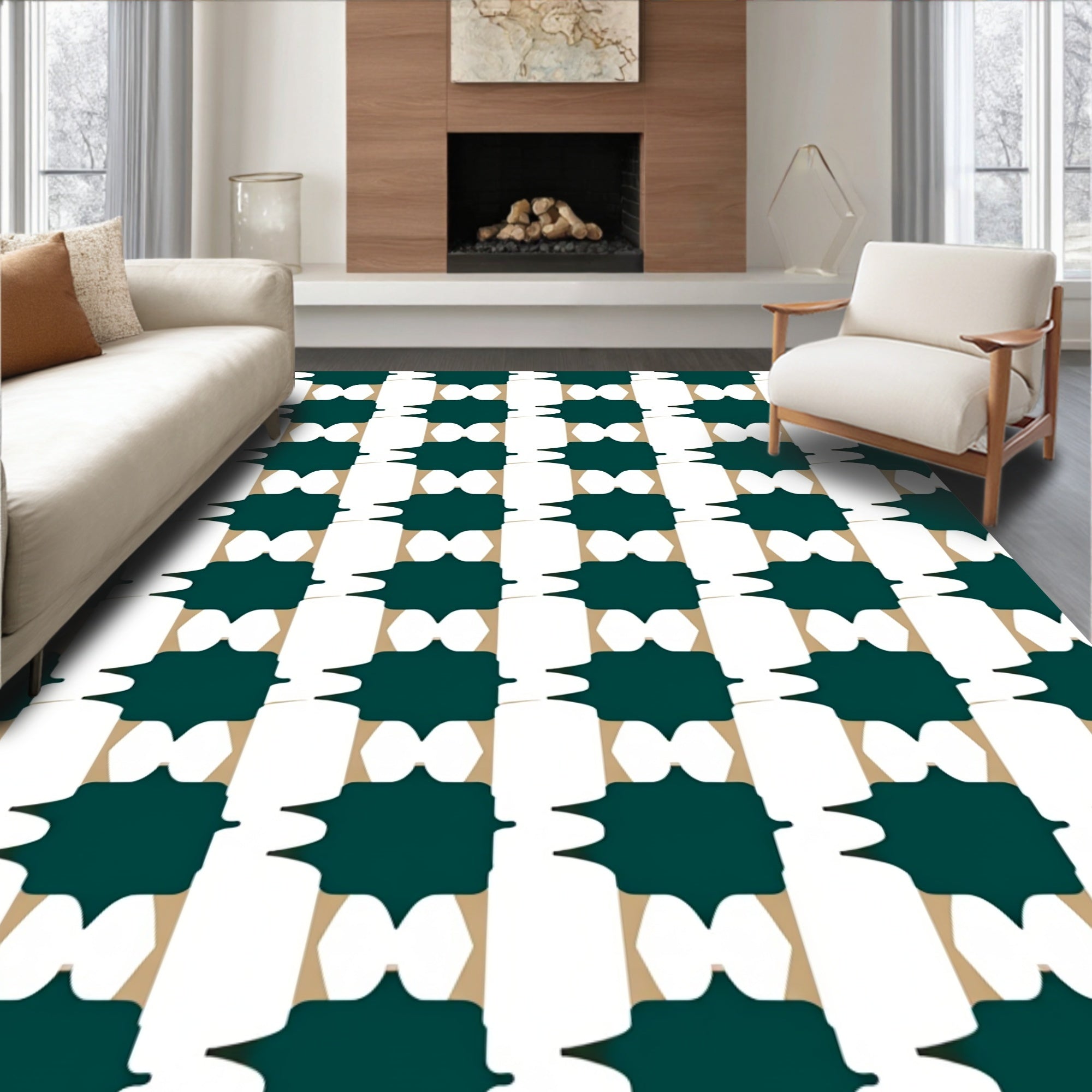 Geometric Pattern With Tan Green Rug