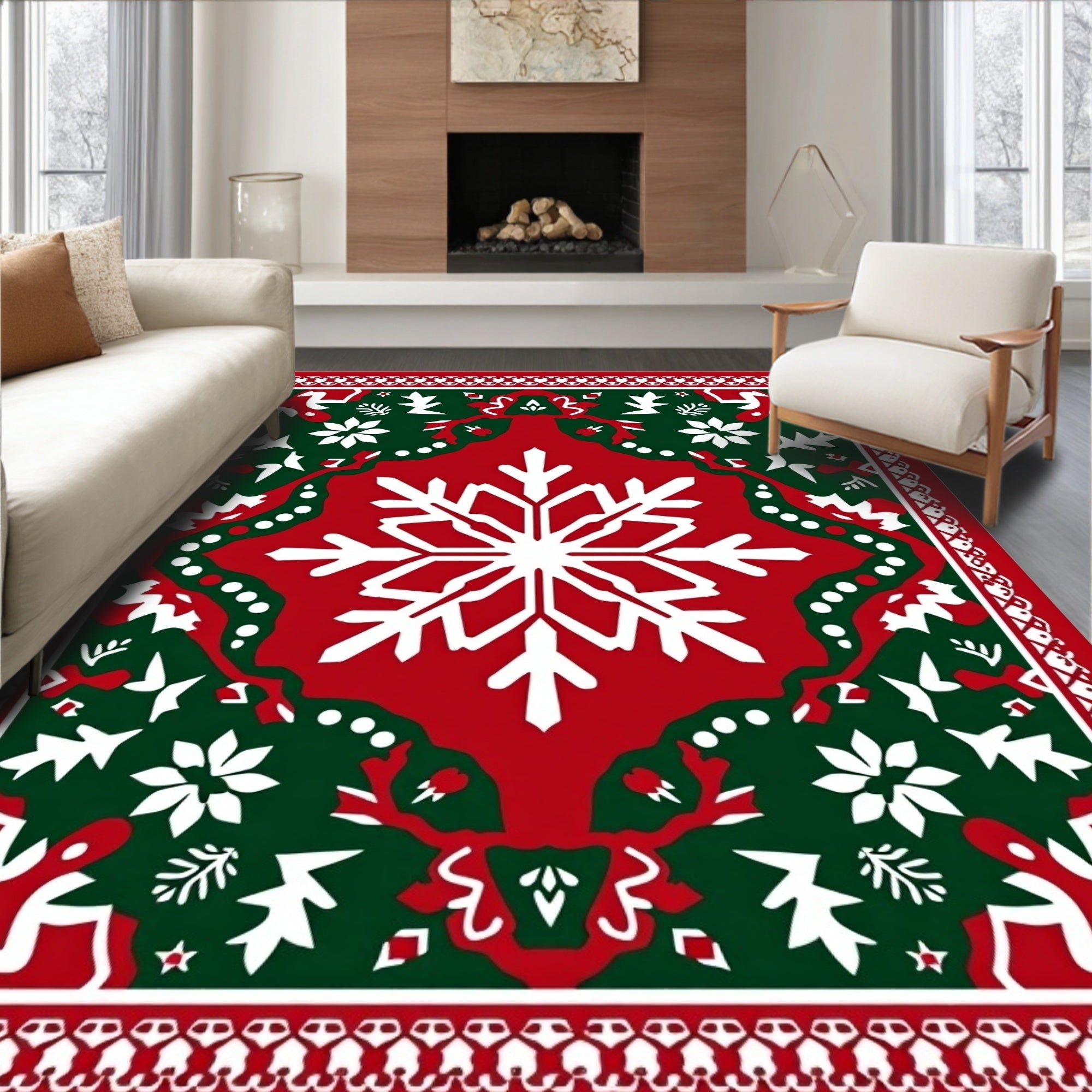 Red Green Snowflake Holly Border Rug