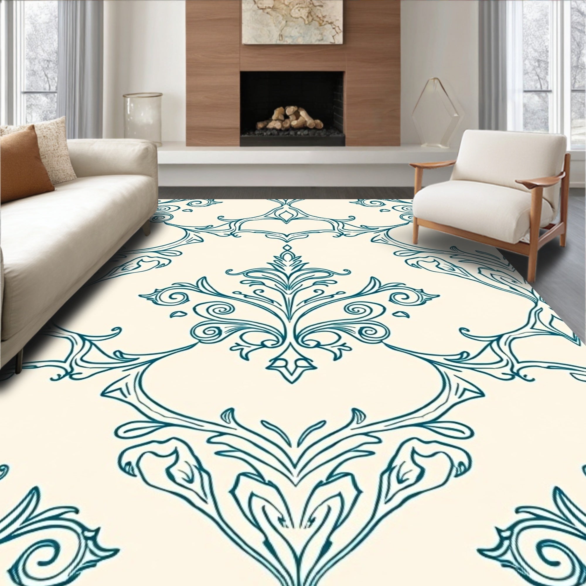Elegant Teal Scrollwork Floral Damask Rug