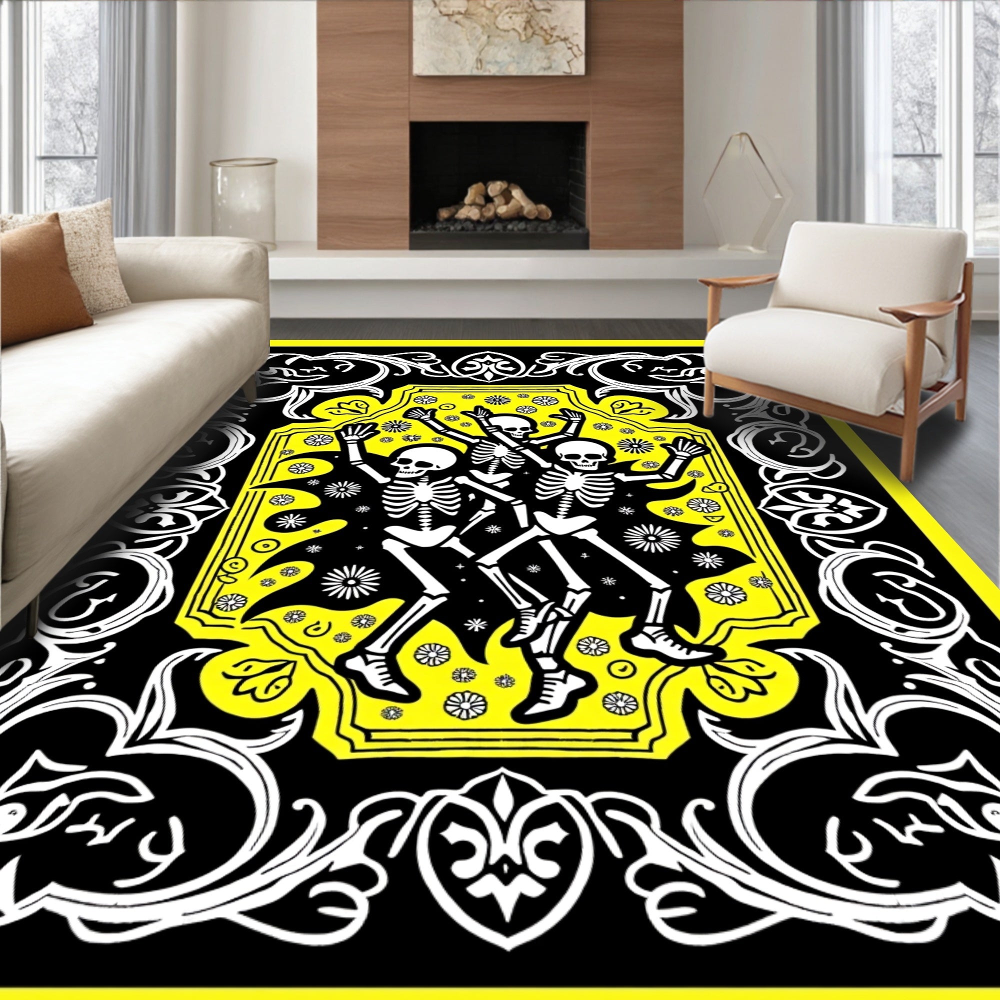 Dancing Skeletons Yellow Floral Pattern Rug