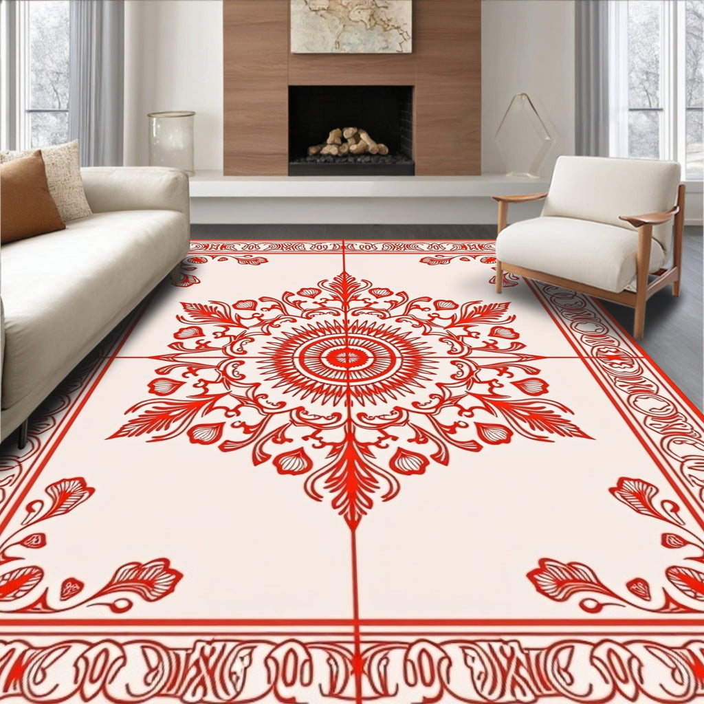 Crimson Geometric Mandala Floral Pattern Rug