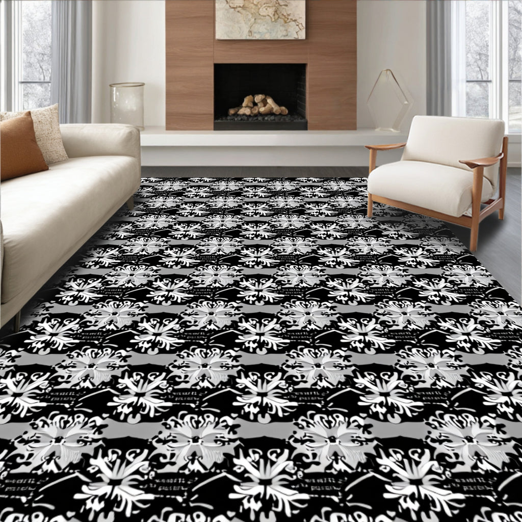 White Floral Motif On Black Design Rug