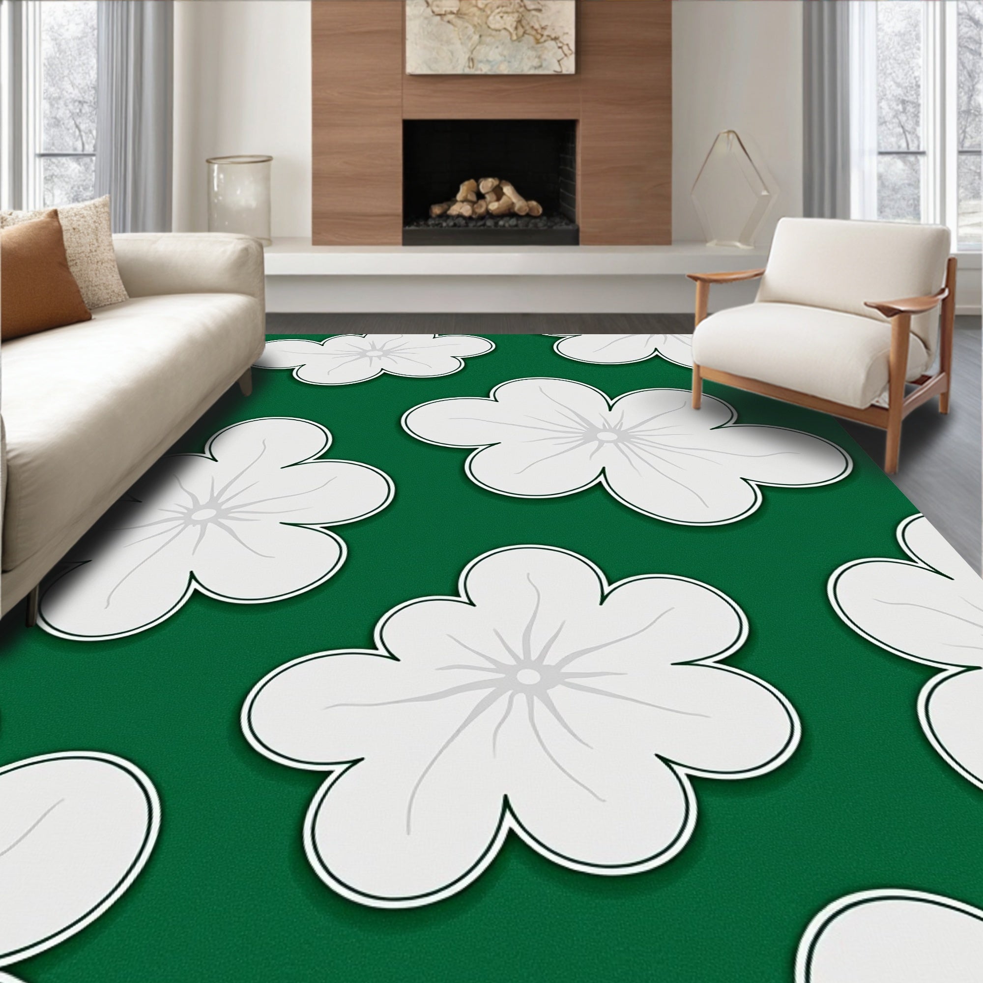 Green White Floral Pattern Rug