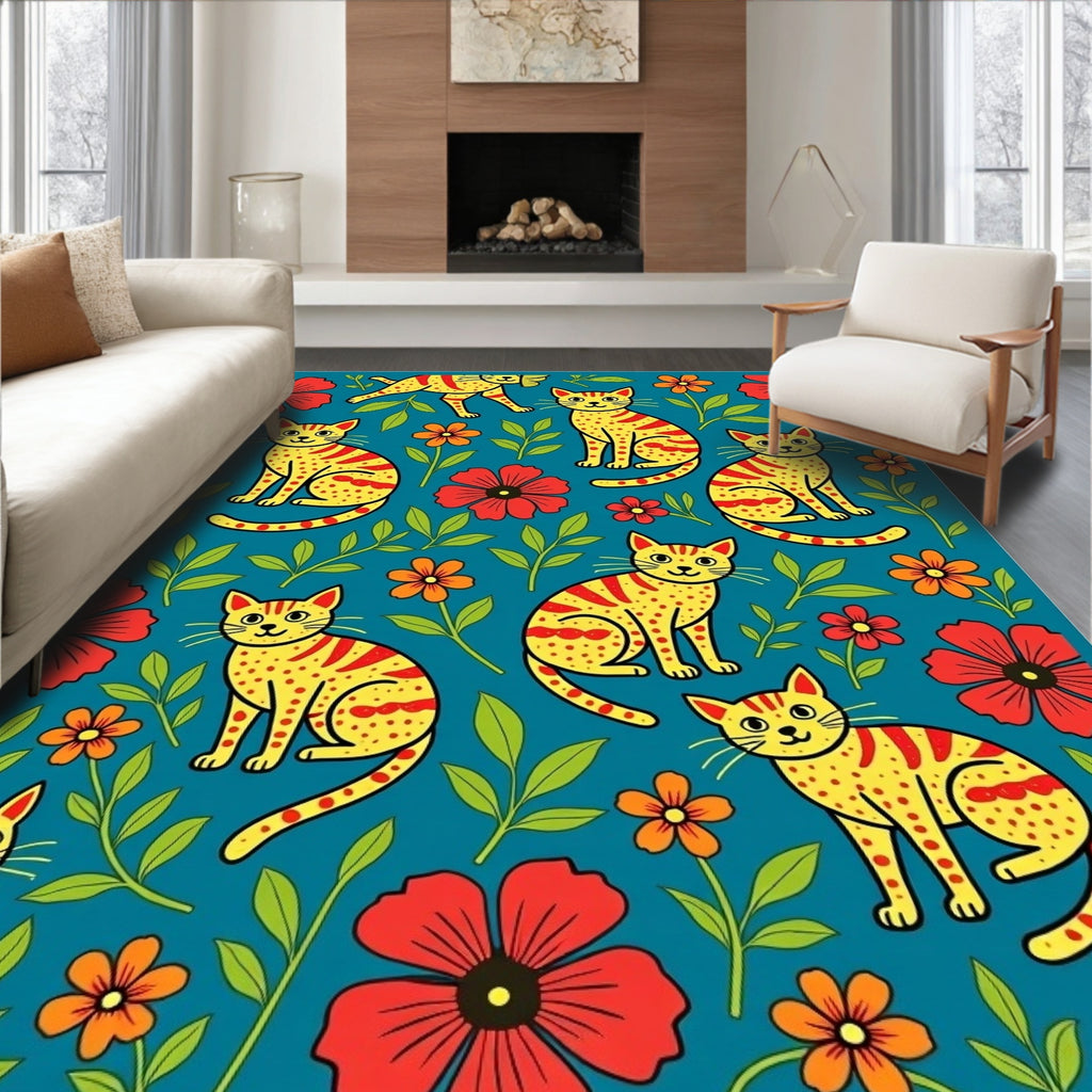 Yellow Cat Floral Pattern Rug
